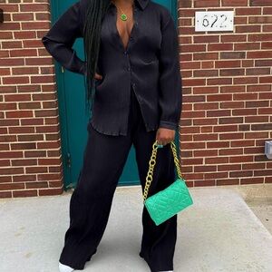 Women’s Black Matching Set Pants & Long Sleeve Top Size Large Like New 2 Pieces